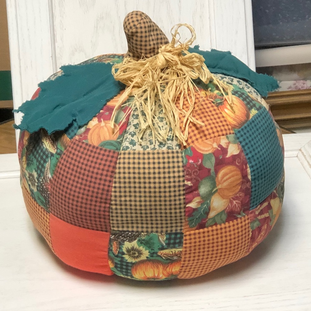 Vintage Quilted Patchwork Stuffed Fall Pumpkin Decor Large